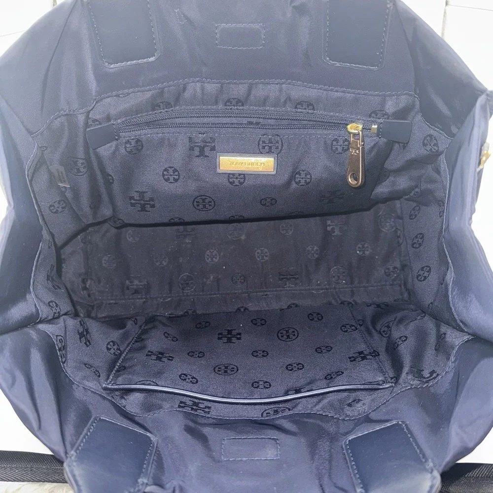 Tory Burch Ella Tote Navy Nylon Small‎ Bag Largo Logo Patch Double Handle